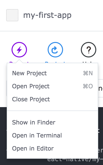 xde my first app project options dropdown